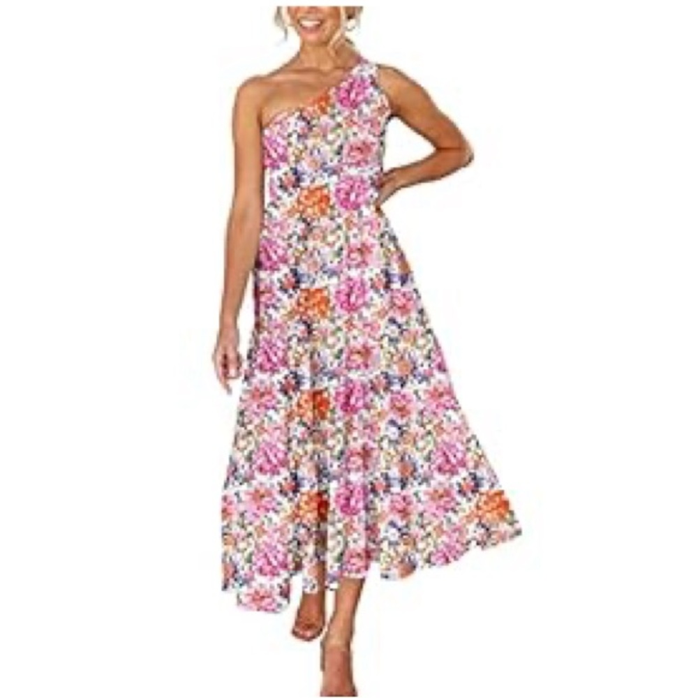 LOGENE Women's One Shoulder Summer Smocked Midi Dress floral large